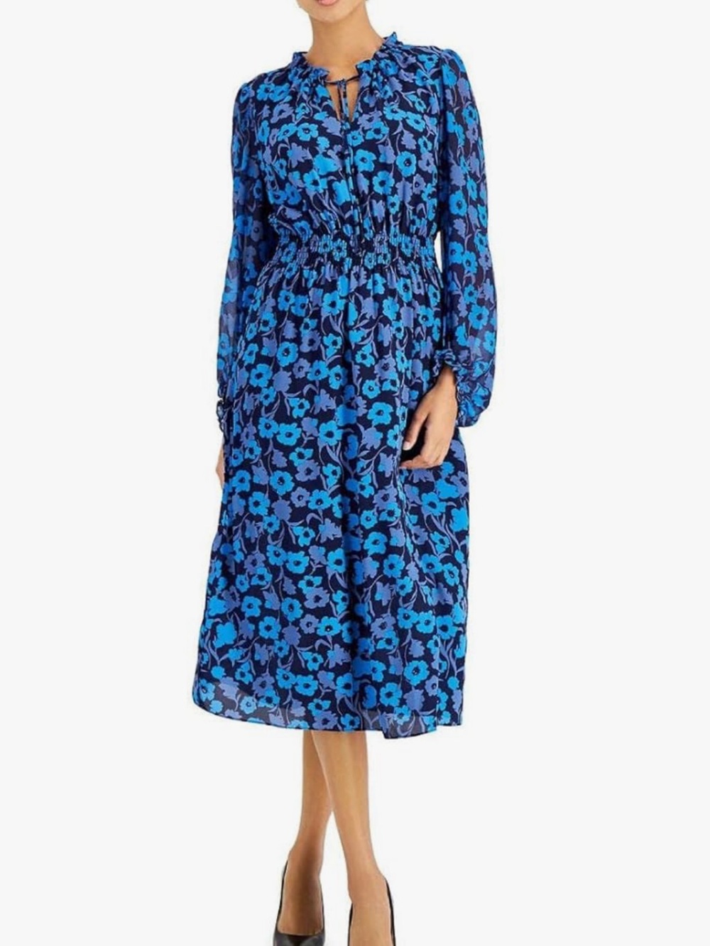 Taylor Blue Floral Long Sleeve Smocked Waist Midi Dress Size 6
